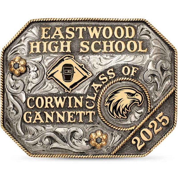 A custom belt buckle for Texas State San Marcos Texas Class of 2024 with personalized name featuring a golden star figure 